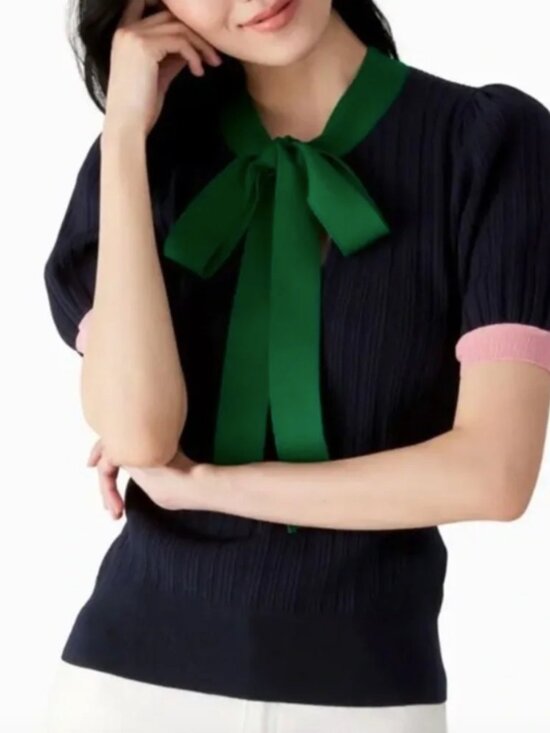 Kate Spade Tops - KATE SPADE Size S Navy Color Block Bow Neck Short Sleeve Sweater Knit Top